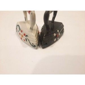 Vintage Cast Iron Iron Salt & Pepper Shakers Floral Black & White -Hand Painted